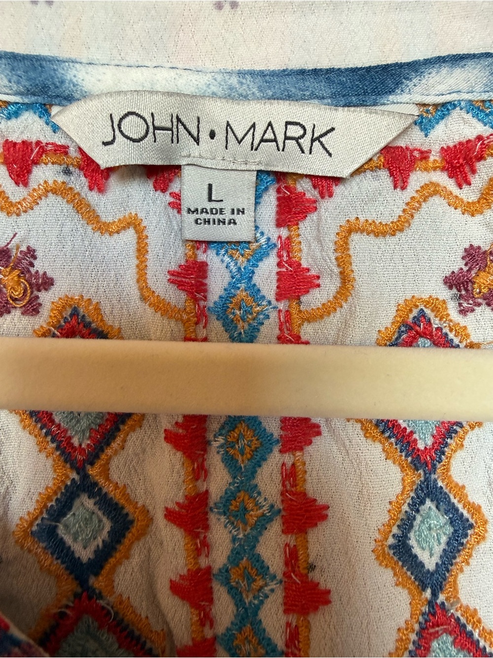 John Mark Blue Tie-Dye Long Sleeve V-Neck Tunic Top with Embroidered Yoke Size L - Picture 4 of 9